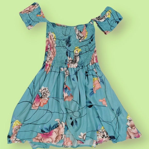 Jaase Women's Mini Dress S Multicolor Smocked Floral Rayon Boho cold shoulders - Picture 3 of 5